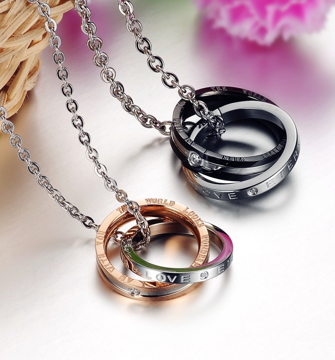 His & Hers Matching Set Titanium Stainless Steel Couple Pendant Necklace Korean Love Style in a Gift Box (ONE PAIR)