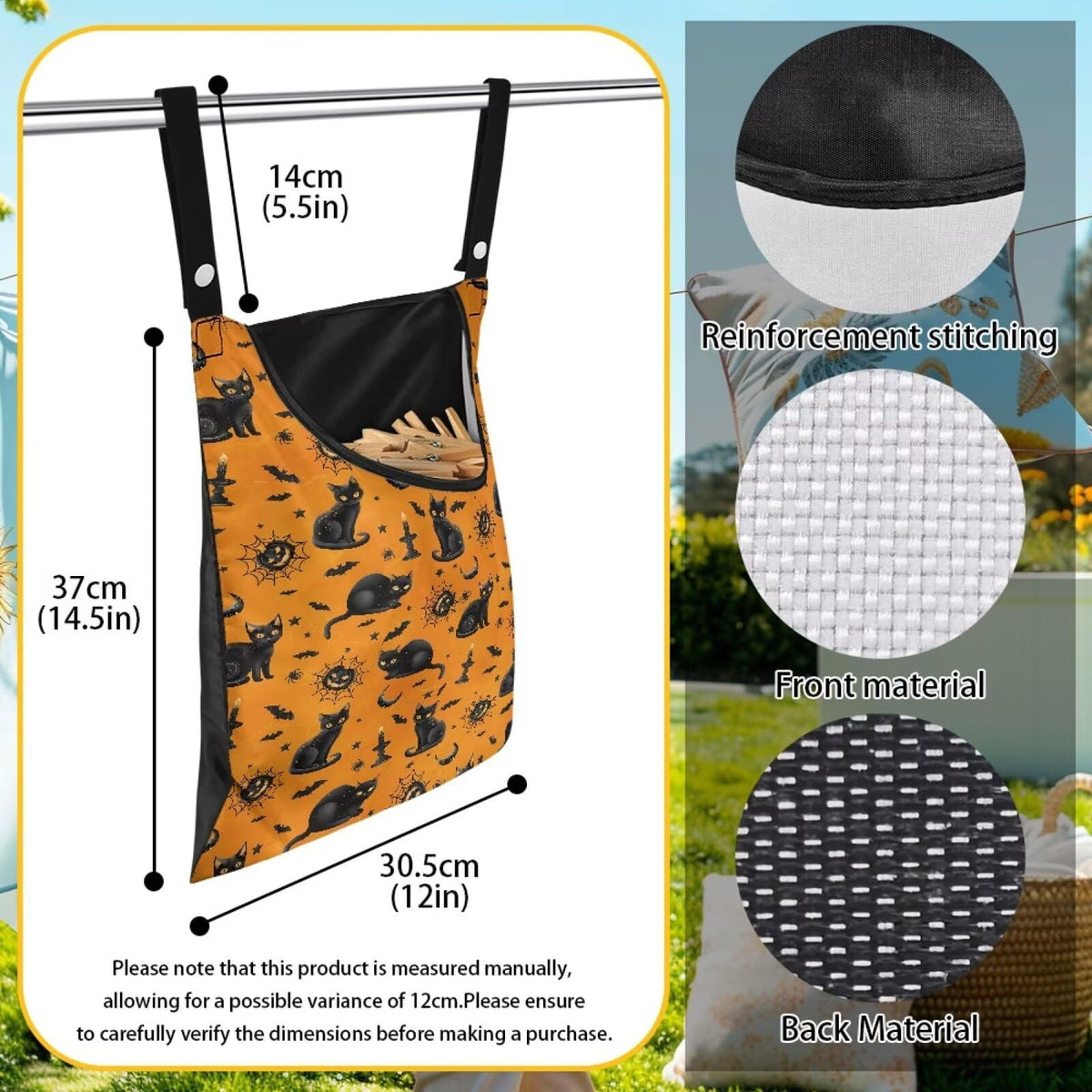 Black Cat Clothespin Bag Orange Clothespin Storage with Hanger Hook Canvas Clothespins Bag with Large Opening Space