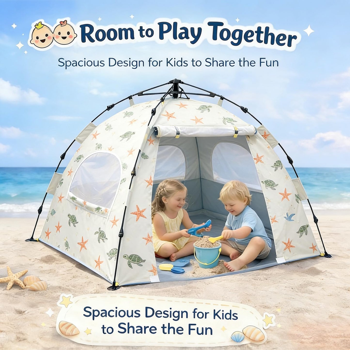 Baby Beach Tent Pop Up Sun Shelter with UPF 50+ UV Protection, Silver-Coated Interior, Breathable Mesh Ventilation, Easy Setup, Wind-Stable Beach Shade for Infants & Toddlers