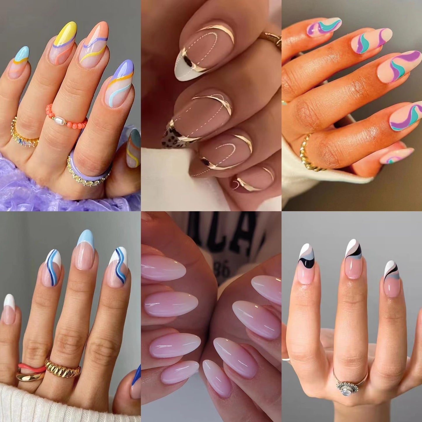 CTTHNBD 6 Pack Press on Nails - Almond, French Tip, Swirl, False, Gel - 144 Pcs, 12 Sizes, 6 Styles