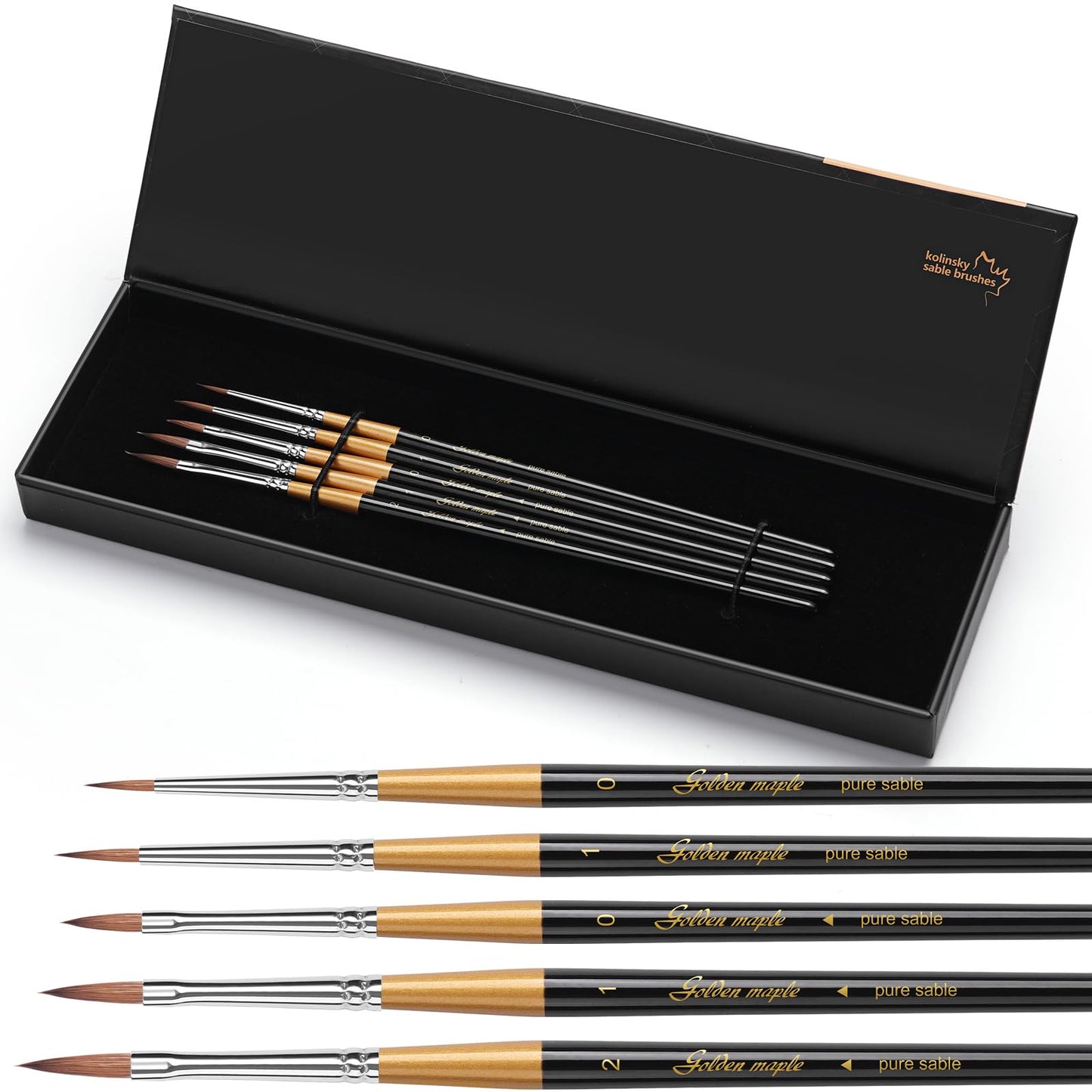 Golden Maple Kolinsky Sable Miniature Paint Brushes, 5PC Professional Detail Paint Brushes Arrow Point Paint Brush Set for Models, Watercolor Details, Figures & Gouache Painting, Black