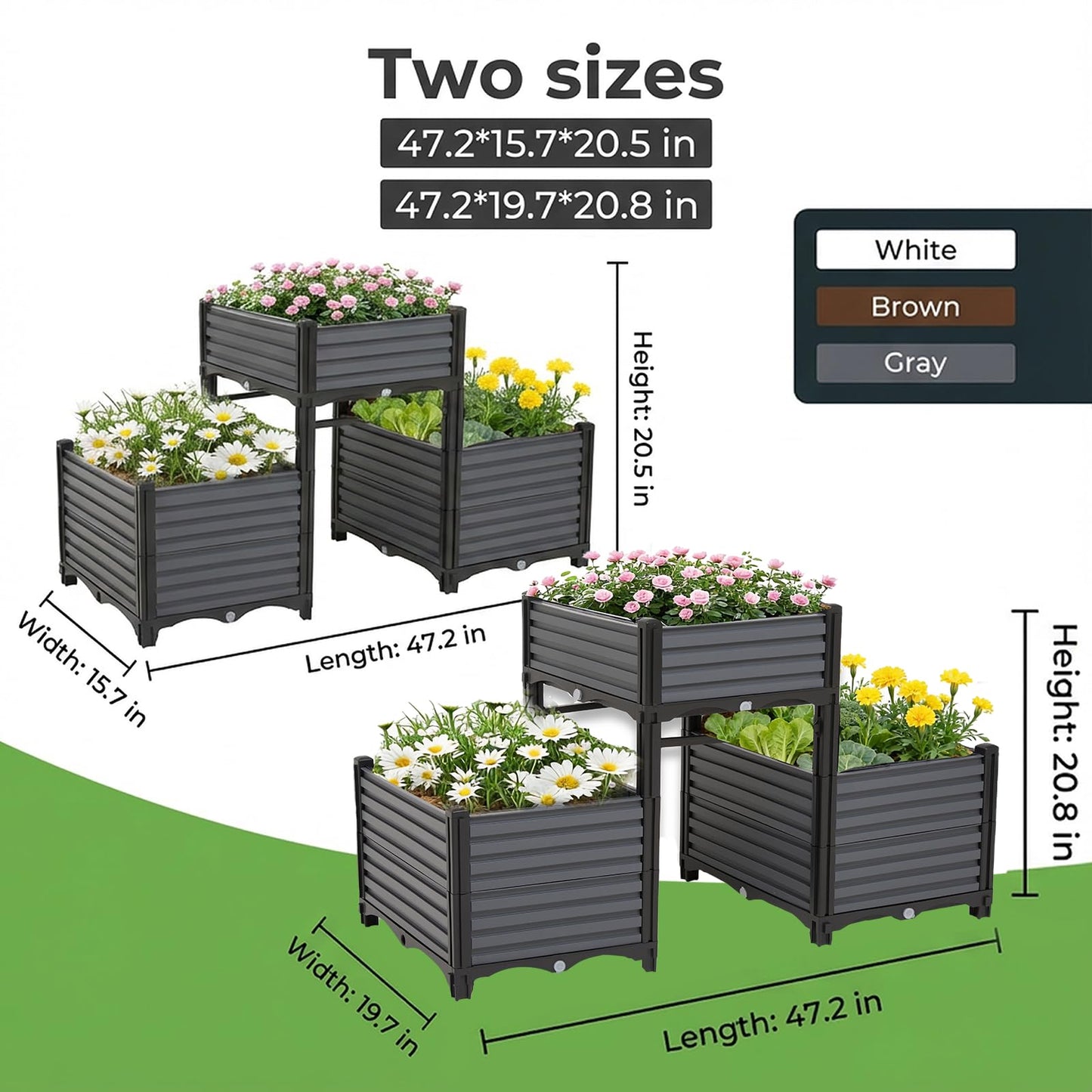 3PCS Raised Garden Beds Outdoor with Legs Planter Box, 47x20x21in Reinforced Support Rods, Drainage Grid, Multi-Combination Options for Vegetables, Flowers, Herbs, Ideal for Balcony, Patio Gardening