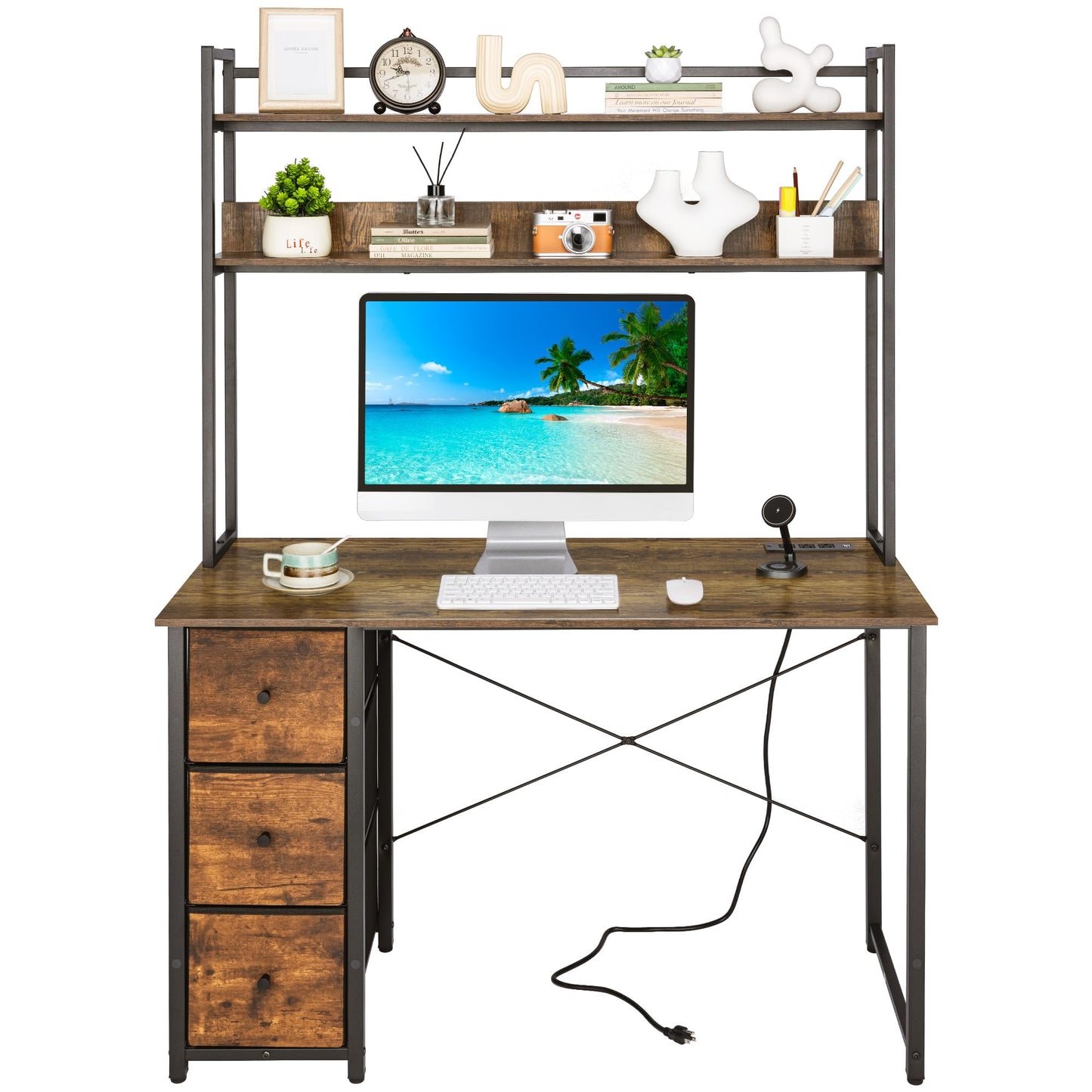 Aquzee Computer Desk with Drawers, 47 inch Desk Hutch, Gaming Desk with Storage Shelves, Power Outlets & Bookshelves, Study Writing Desks for Bedroom Living Room Home Office, Rustic Brown