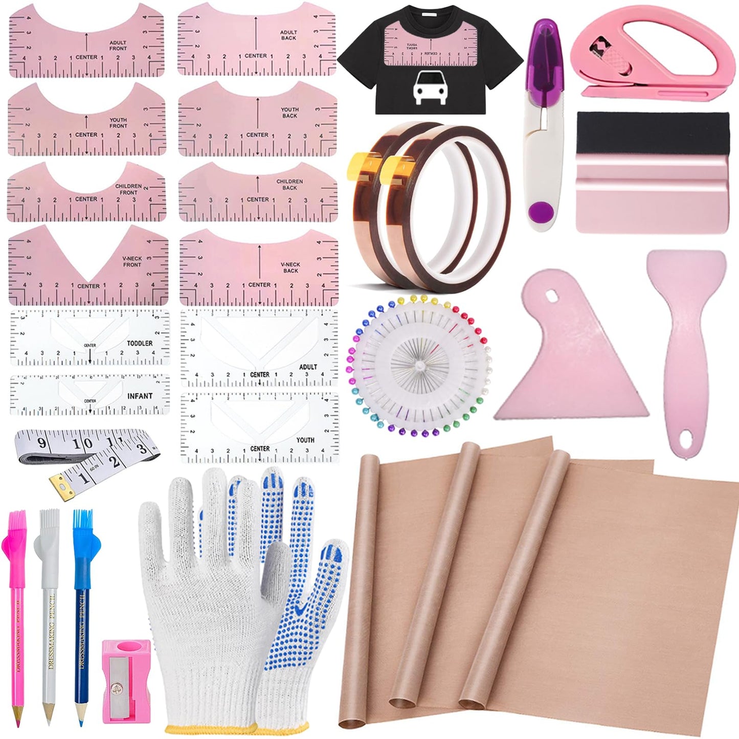 QUKLOGEN Sublimation Shirts Tool Kits Shirt Measure Ruler Set Reusable Round Neck and V Neck Alignment T Shirt Guide Ruler Teflon Sheet for Heat Press 12 x 16in Heat Resistant Tape