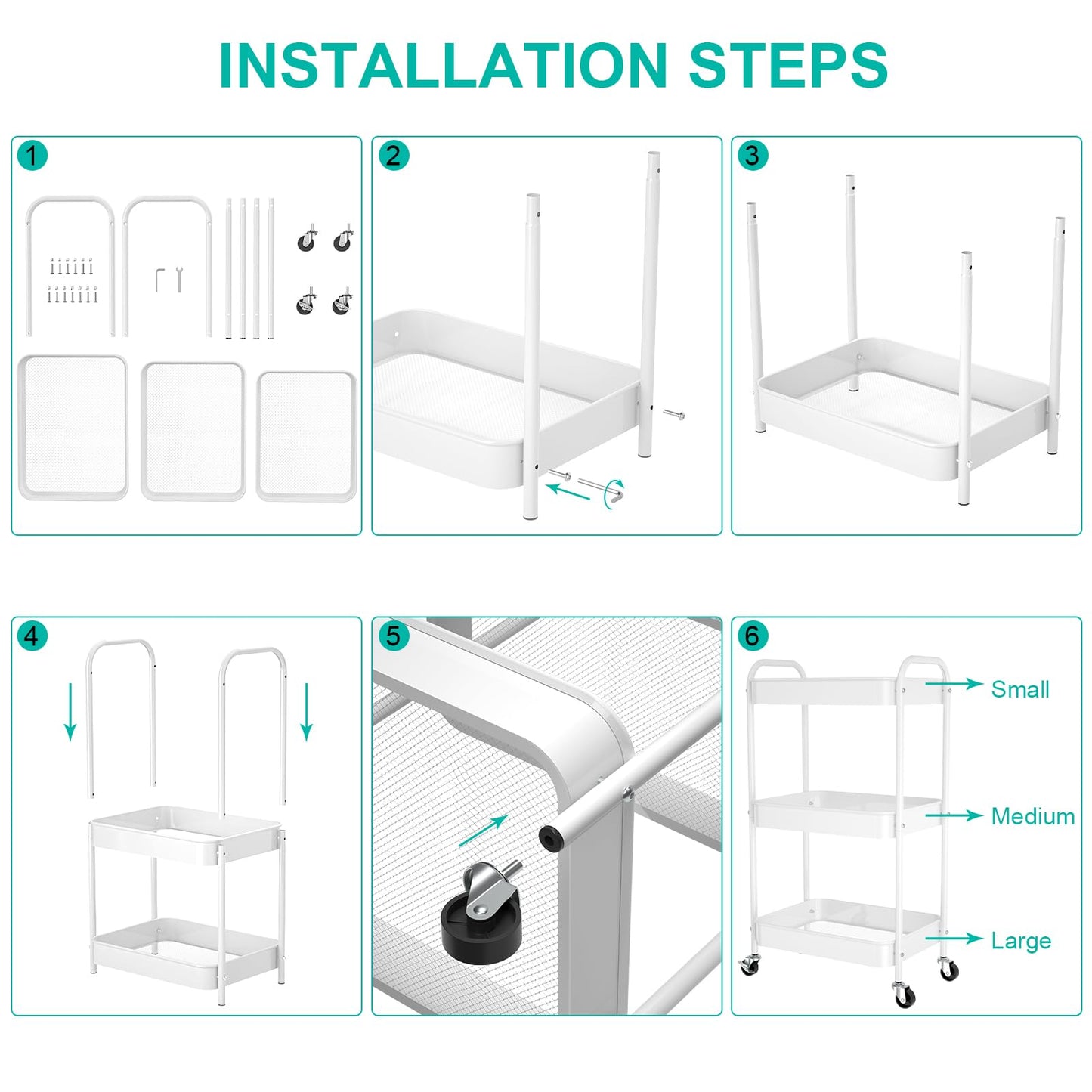 PNVXNUS 3-Tier Rolling Metal Storage Cart with Wheels, Multi-Functional Organizer for Office, Kitchen, Bathroom, Books Diapers - Easy Assembly (White)