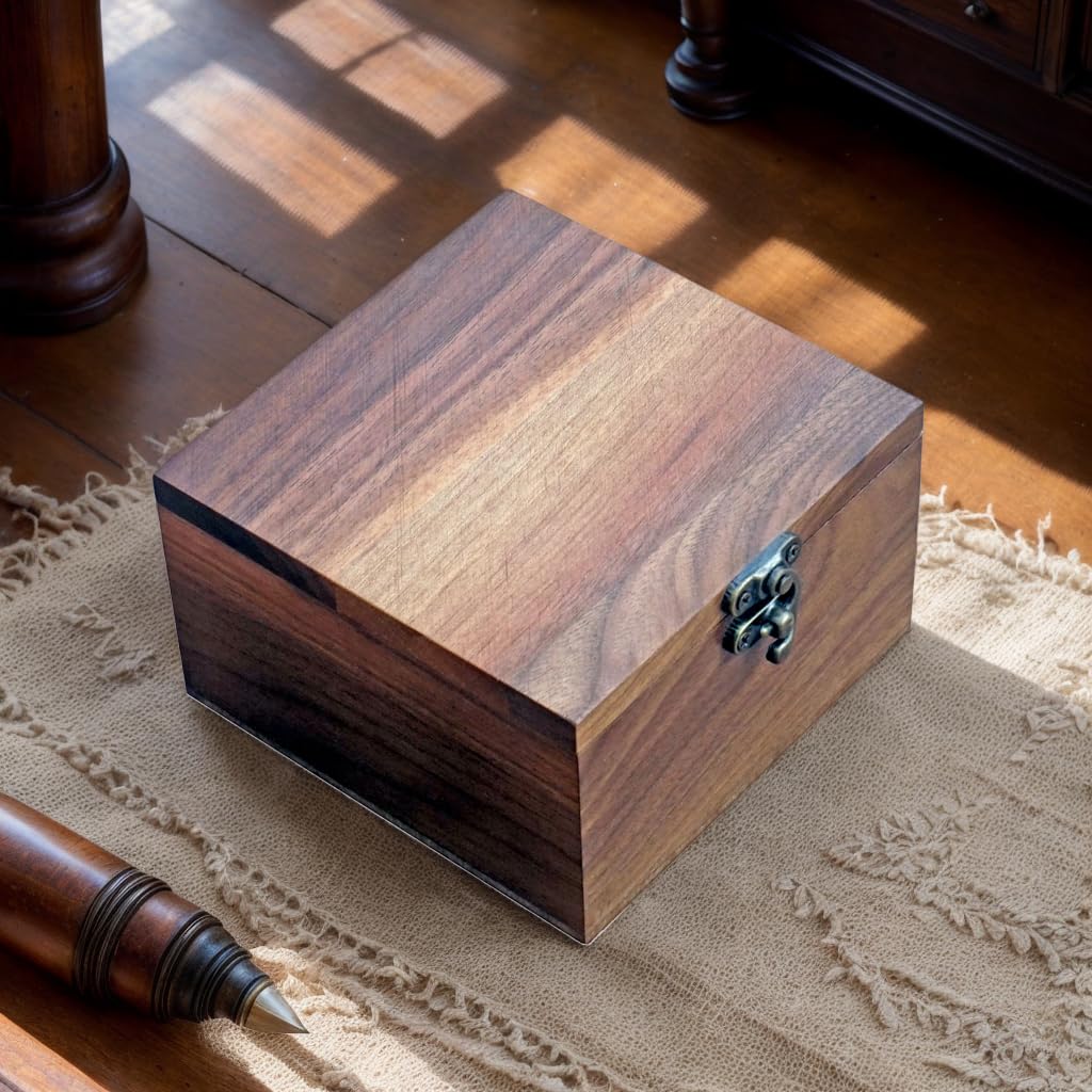 LONMAIX Handcrafted Walnut Wood Keepsake Box – 4.3 x 4.3 x 2.5 inch – Jewelry, Watch & Gift Storage Box – Rustic Wooden Box for Wedding, Birthday, Christmas