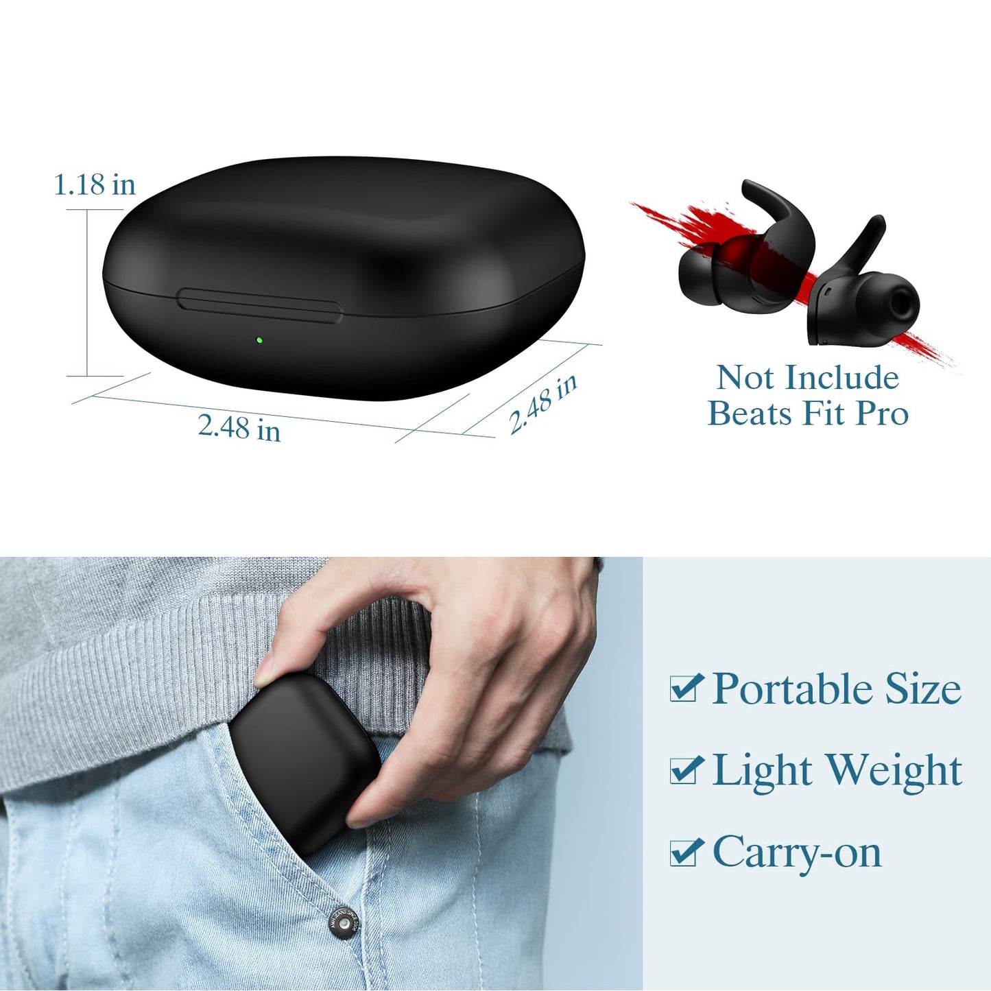 Jinstyles Wireless Charging Case Compatible for Beats Fit Pro, Portable Charger Case Replacement with Bluetooth Pairing Sync Button, 700mAh Built-in Battery (Not Included Earbuds) (Black)
