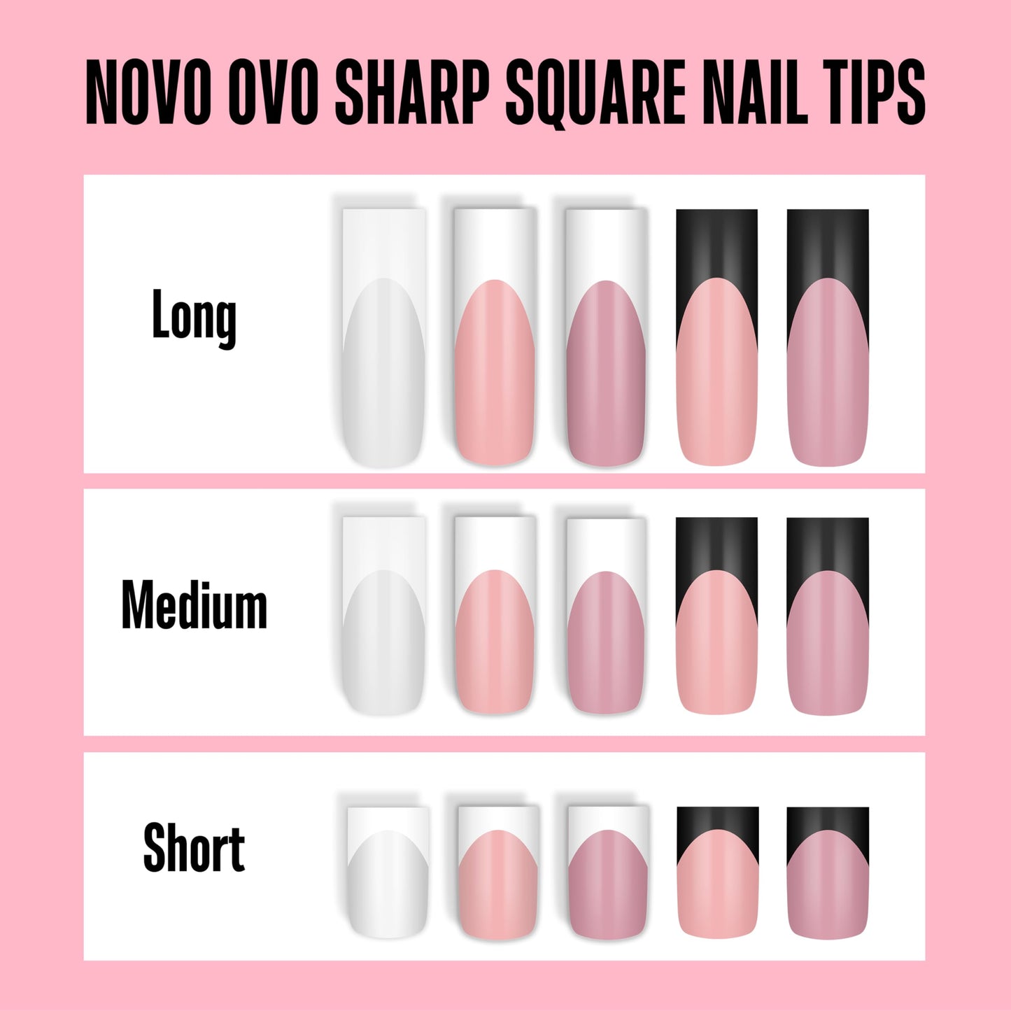 NOVO OVO Medium Square French Tip Nail Tips, Extra Thick Soft Gel Tips Full Cover, 180Pcs Milky White Pre-Etched False Nails (Need Builder Glue Gel & Top Coat), 15 Sizes Press on Nail Extension Kit