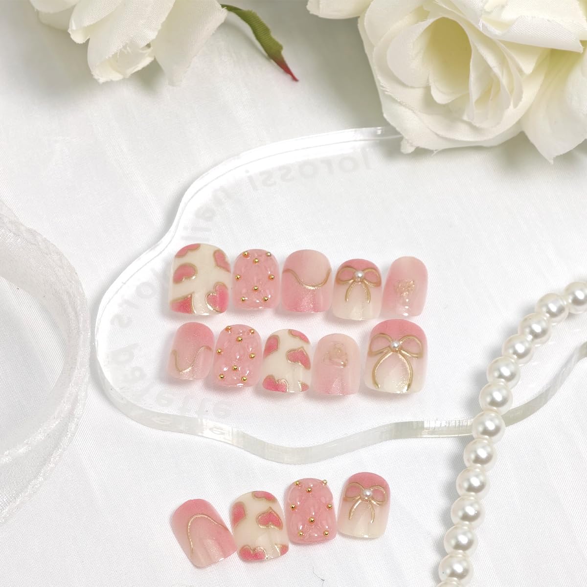 30Pcs Pink Press on Nails Short Almond Heart Fake Nails with Glitter Gold Lines Designs 3D Bead Full Cover Stick on Nail Romantic Valentines False Nails Cute Bow Artificial Glue on Nail for Women DIY