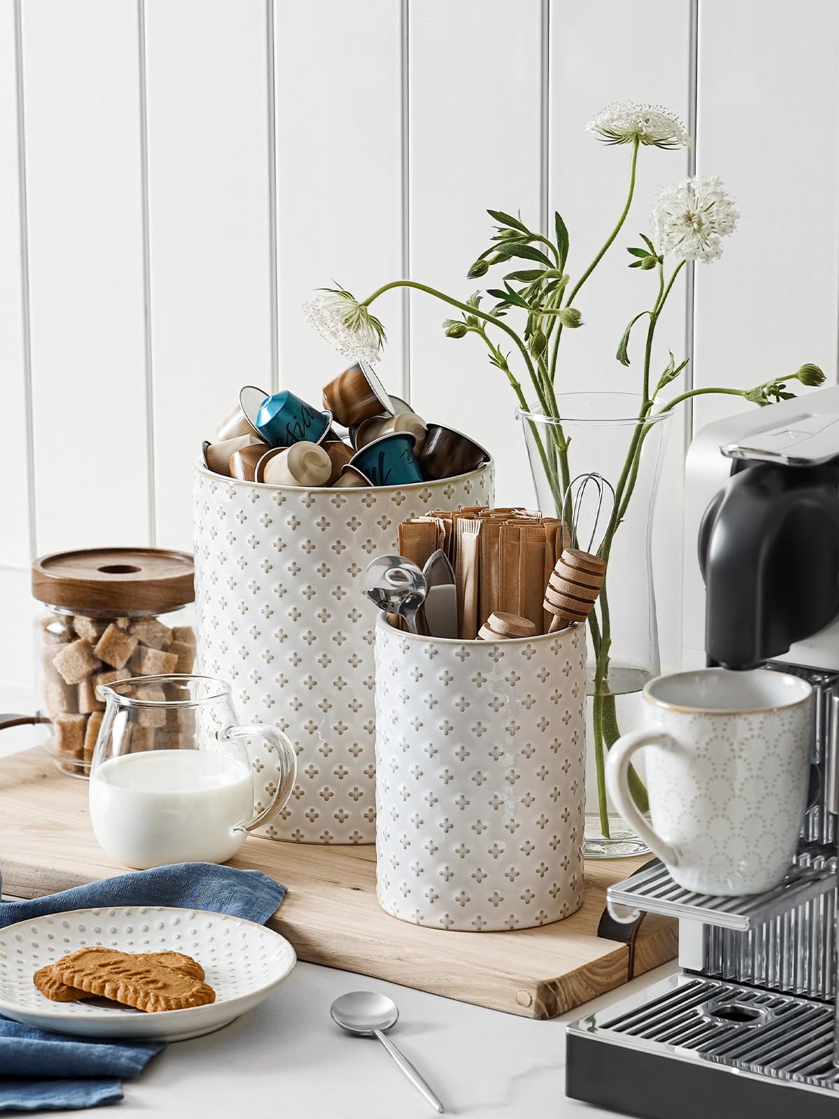 LE TAUCI Utensil Holder for Kitchen Counter - 7.1"+5.4" Ceramic Kitchen Utensil Holder Set of 2, Large Cooking Utensil Crock & Organizer for Spatula, Spoon - Embossed Kitchen Decor, White,Clover