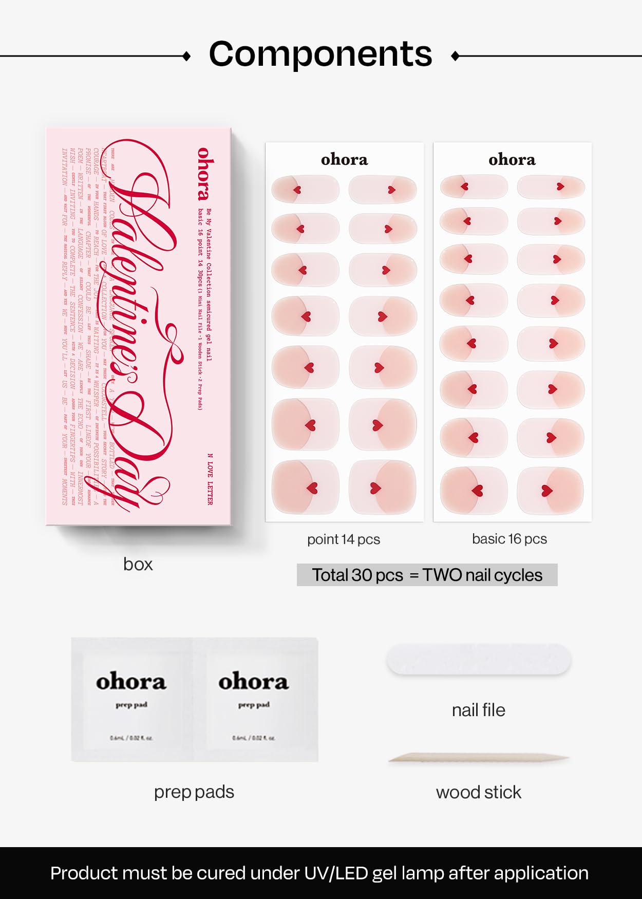 ohora Semi Cured Gel Nail Strips (N Love Letter) - Salon-Quality Valentines Nails, Works with Any Lamps, Long Lasting, Easy to Apply & Remove, Chip Resistant