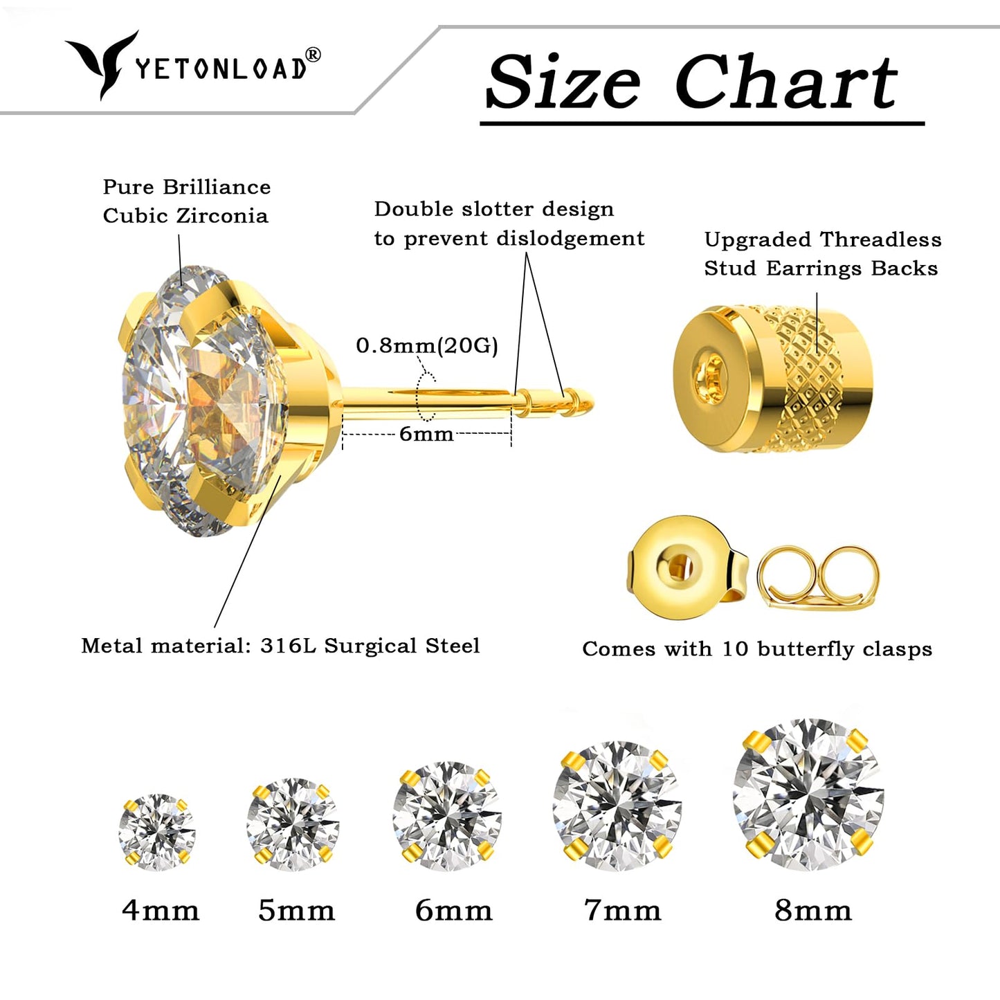 5 pairs Push-in Flat Back Stud Earrings Hypoallergenic Surgical Stainless Steel Cubic Zirconia Earrings Studs Set Multi-Pack, CZ Stud Earrings for Women Men Trendy Cartilage Earrings 4-8mm(Gold)