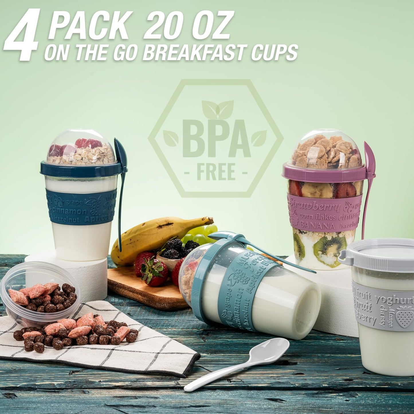 EYNEL 4 Pack Reusable On The Go Yogurt Parfait Cups, Breakfast Plastic Containers with Lids and Spoons, Perfect Jars for Overnight Oats Cereal Granola Oatmeal Smoothies and Snack Prep