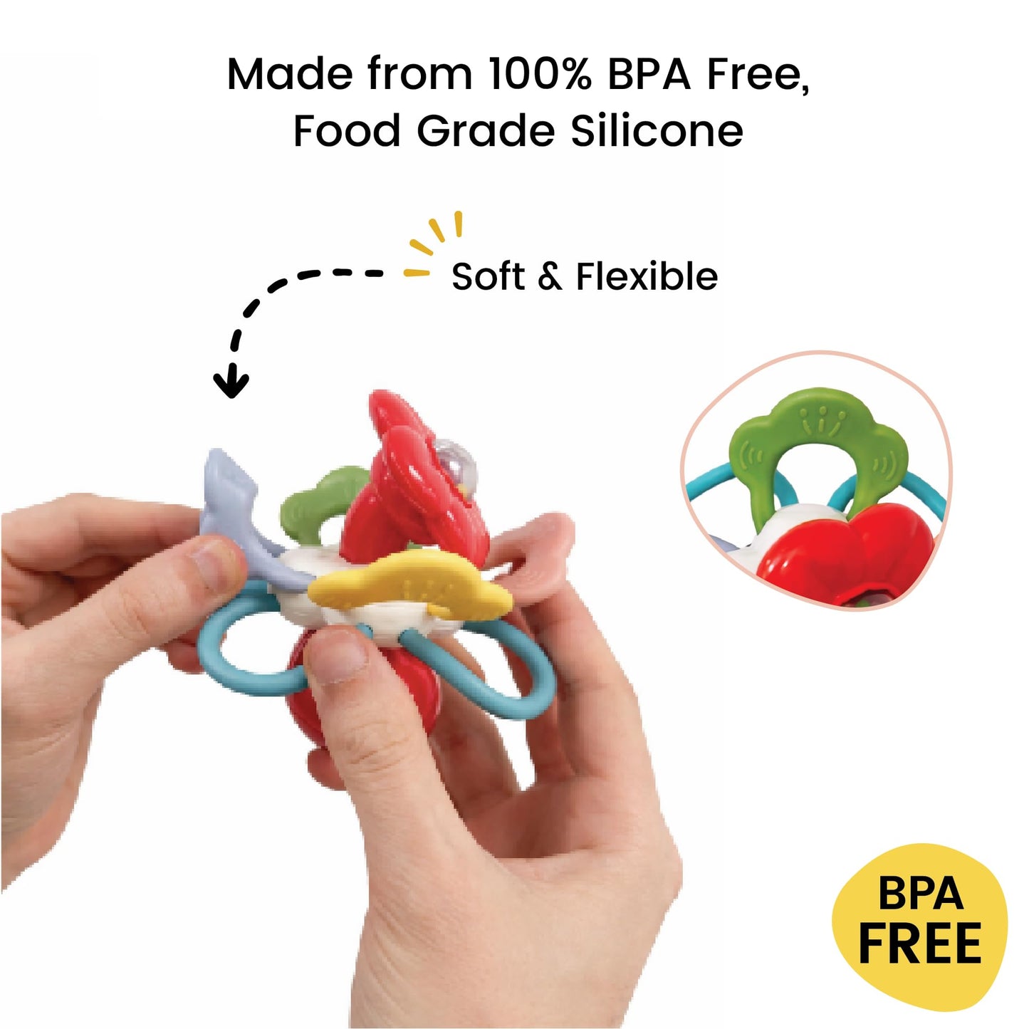 Lulyboo Flower Rattle Teether: BPA-Free Silicone with Textured Petals, Built-in Rattle Beads and 360° Twist. Soft, Flexible Design soothes Gums While Supporting Sensory and Motor Skill Development