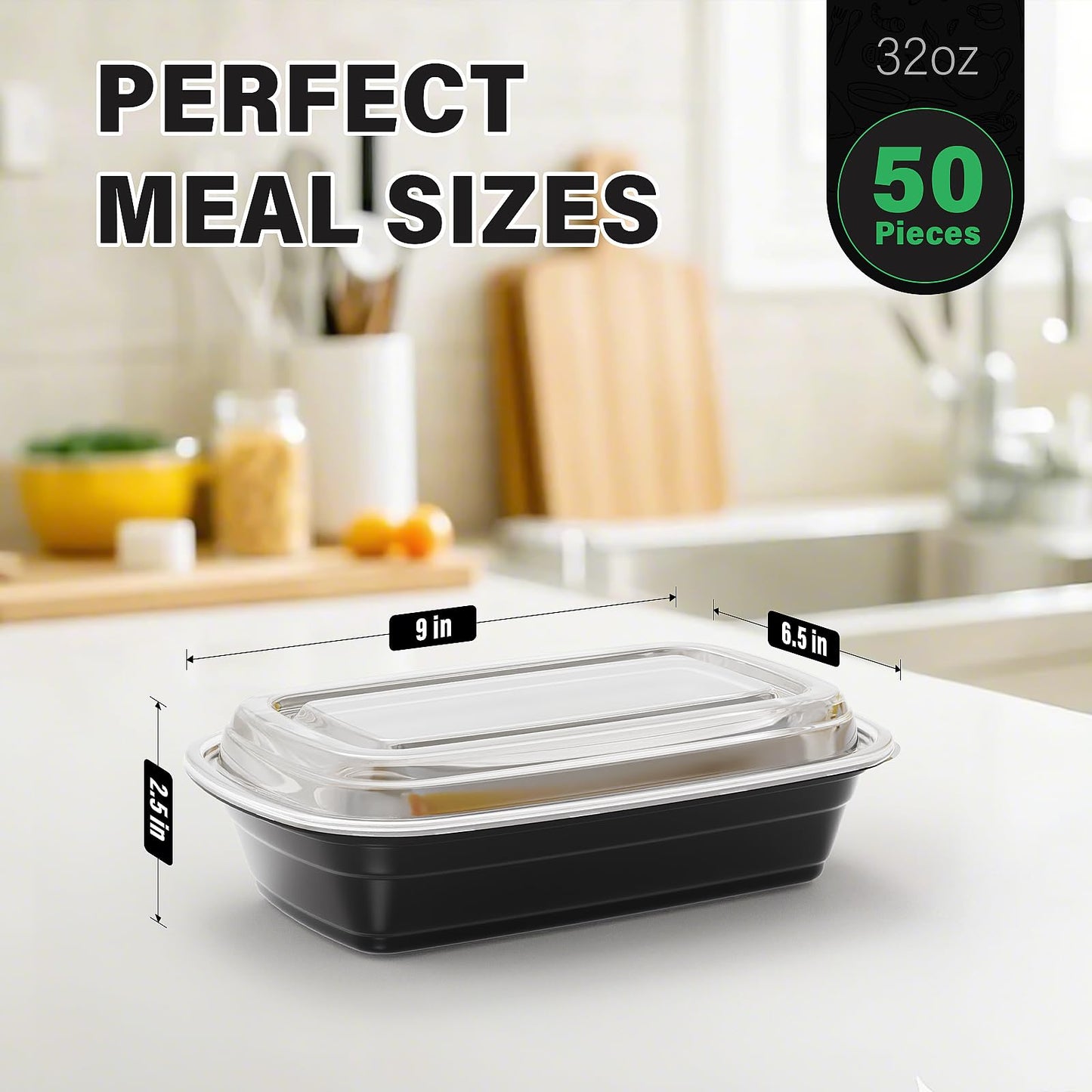 WUHUIXOZ Meal Prep Container, 50 Pack 32 oz Food Storage Containers with Lids, Disposable Bento Box Reusable Plastic Lunch Box, BPA Free Take-Out Box Microwave Dishwasher Freezer Safe