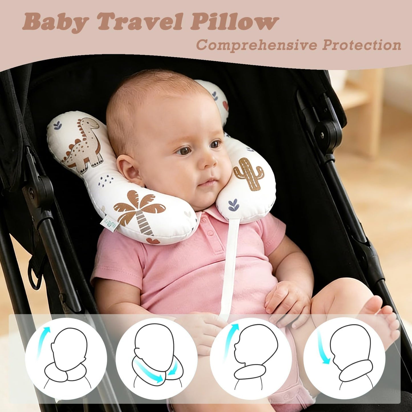 StoHua Toddler Travel Comfort Pillow for Car Seat & Stroller, Baby Reversible U-Shaped Seat Accessory, Cartoon Dinosaur