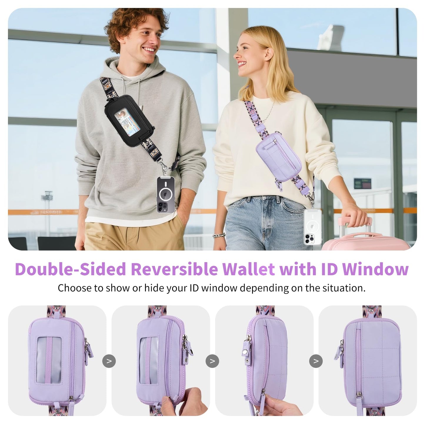 Tiostep Clip and Go Strap for Phone with Wallet Crossbody Phone Lanyard with Anti-Theft Zipper Pouch Detachable Quilted Wrist Wallet with RFID and ID Window for Daily Travel. Purple Large