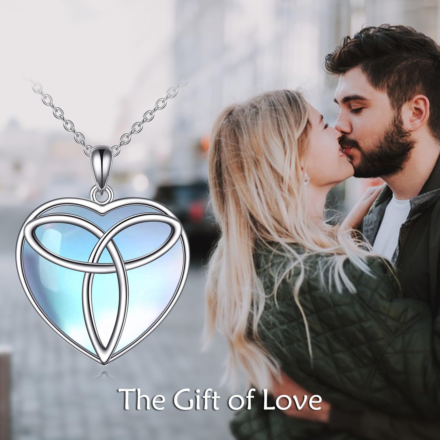 YAFEINI Moonstone Celtic Trinity Necklace 925 Sterling Silver Triangle Knot Heart Pendant Necklace Jewelry Gift for Women (W-Moonstone Celtic Trinity Necklace)