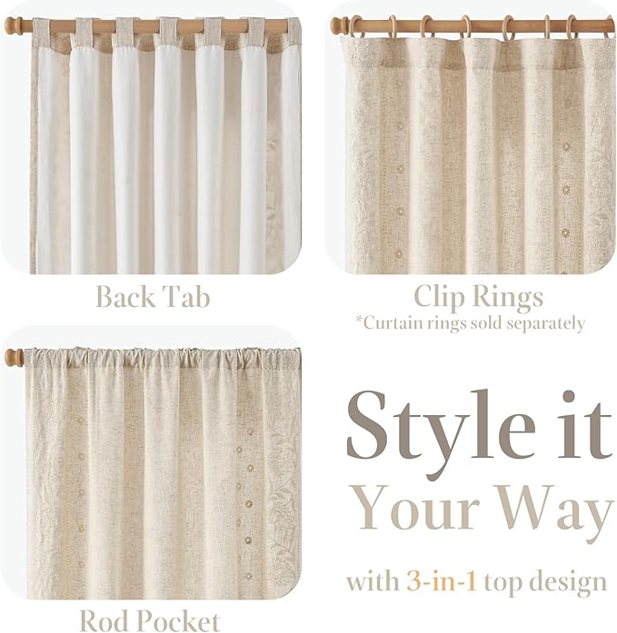 jinchan Winslow Lined Linen Curtains for Bedroom 63 Inches Linen Blended Embroidered Bordered Floral Curtains for Living Room Farmhouse Decor Window Treatments Ivory on Beige Drapes 2 Panels