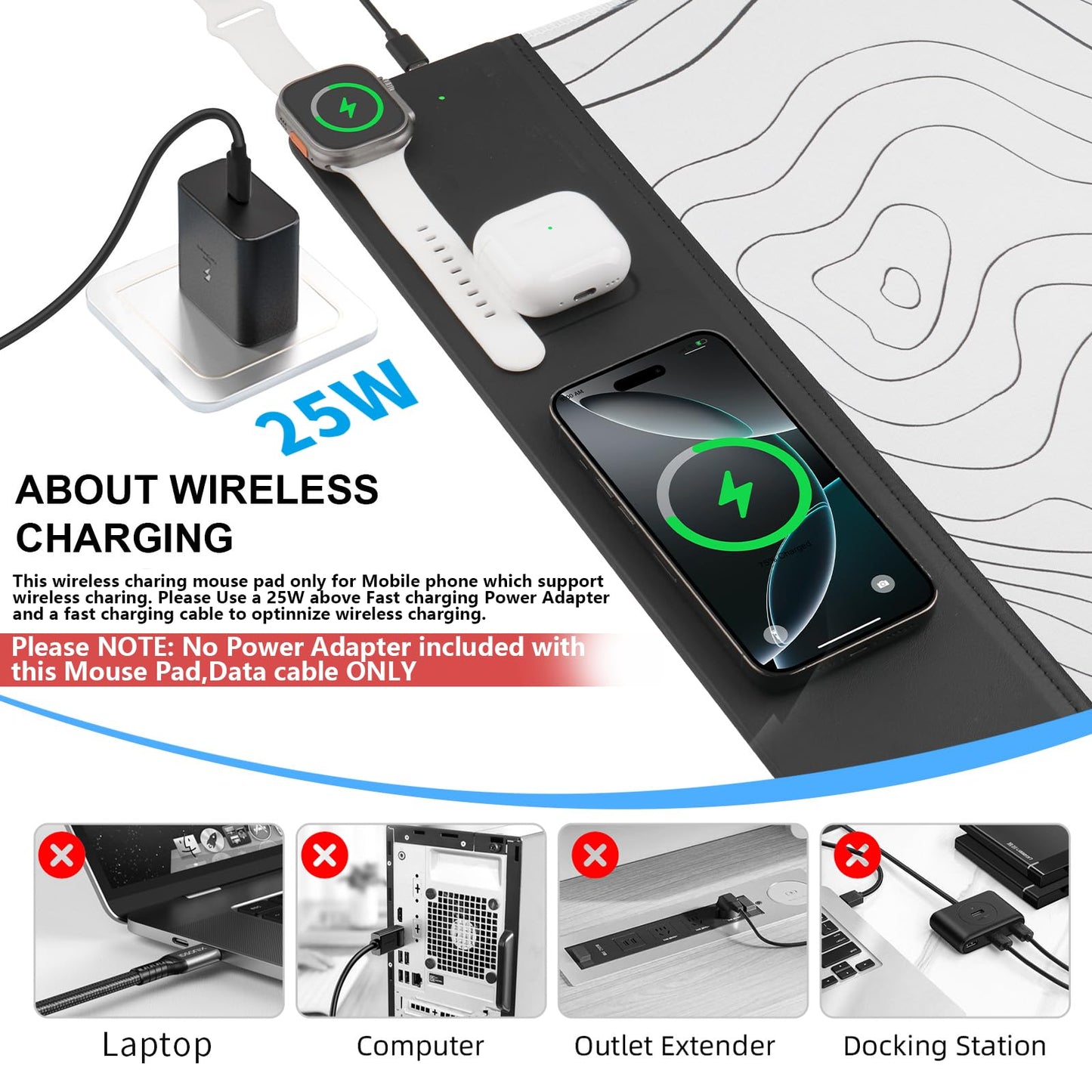 VOVIPO 3 in 1 Wireless Charging Mouse Pad, Desk Mat with Wireless Charger Multiple Devices Compitable with Watch/iPhone, White Topographic Large Desk Mat(90 x 40cm) for MacBook, PC, Laptop