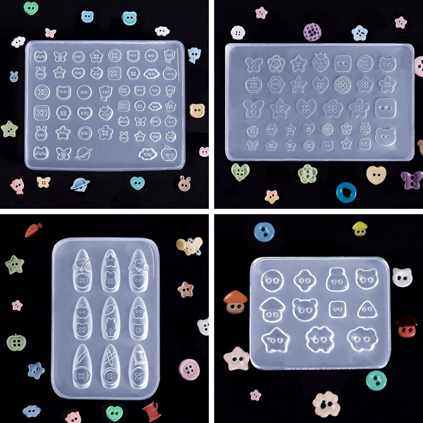 Laza 4pcs Button Silicone Nail Art Molds, 3D Multiple Shapes Embossed Button Nail Charms Nails Accessories with Carving Pen Resin Nail Art Mold Manicure Tools for Manicures Design
