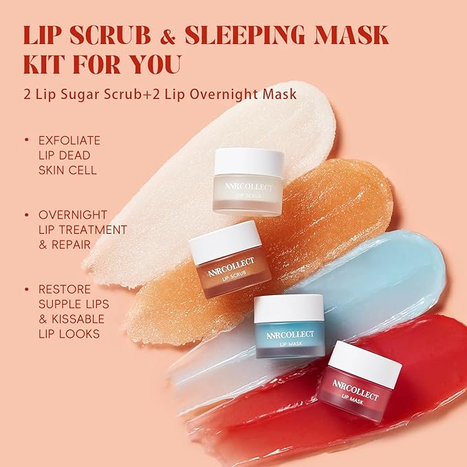 Lip Scrub and Lip Mask Set- Lip Treatment Care Kit with 2 Lip Exfoliator Scrub & 2 Lip Butter Mask, Intense Hydration Set for Dry Chapped Cracked Lips (4 Pack)