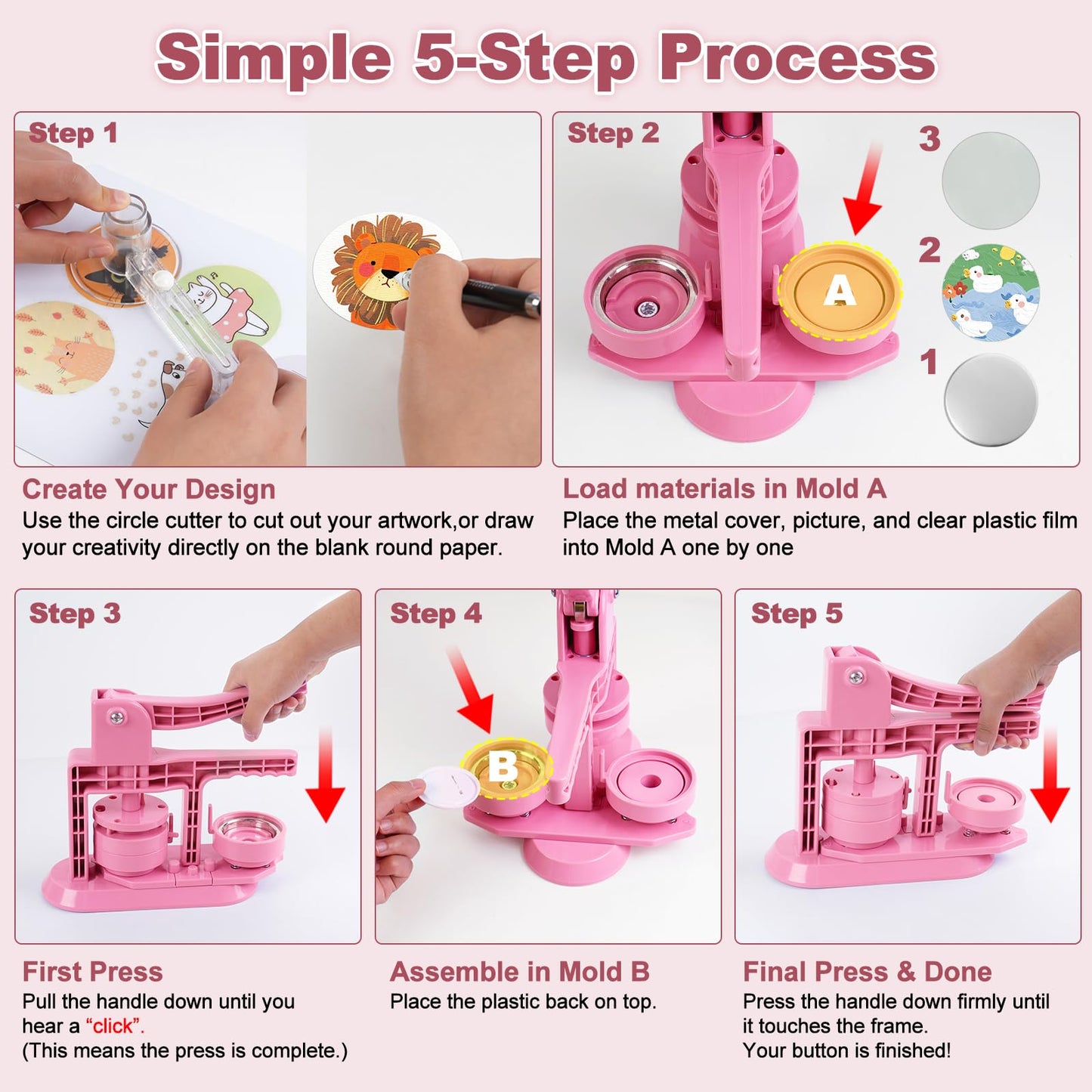MK.Bear 2026 Button Maker Machine 2.25 Inch (58mm), No Installation Required Pin Maker Kit for Button Making, DIY Pink Badge Maker Button Press with 30 Badge Supplies & Circle Cutter