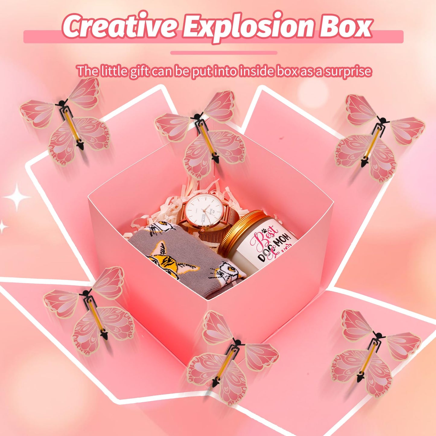 XLSXEXCL Butterfly Explosion Cardboard Gift Box, Flying Butterfly Surprise Box for Birthday, Wedding, Anniversaries, Christmas (Pink)