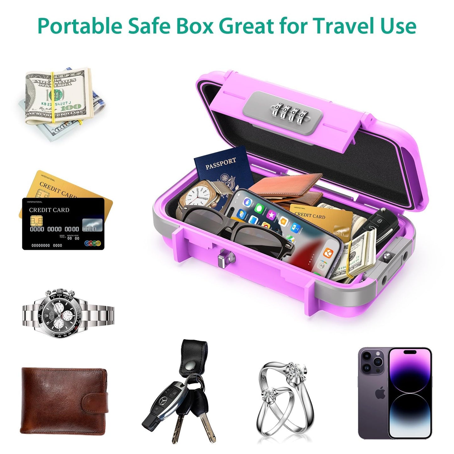 ORIA Portable Security Case, 4 Digit Combination Key Lock Box Security Case, Portable Safe Box Storage Smartphones, Passports, Credit Cards for Beach, Travel, Pink Purple