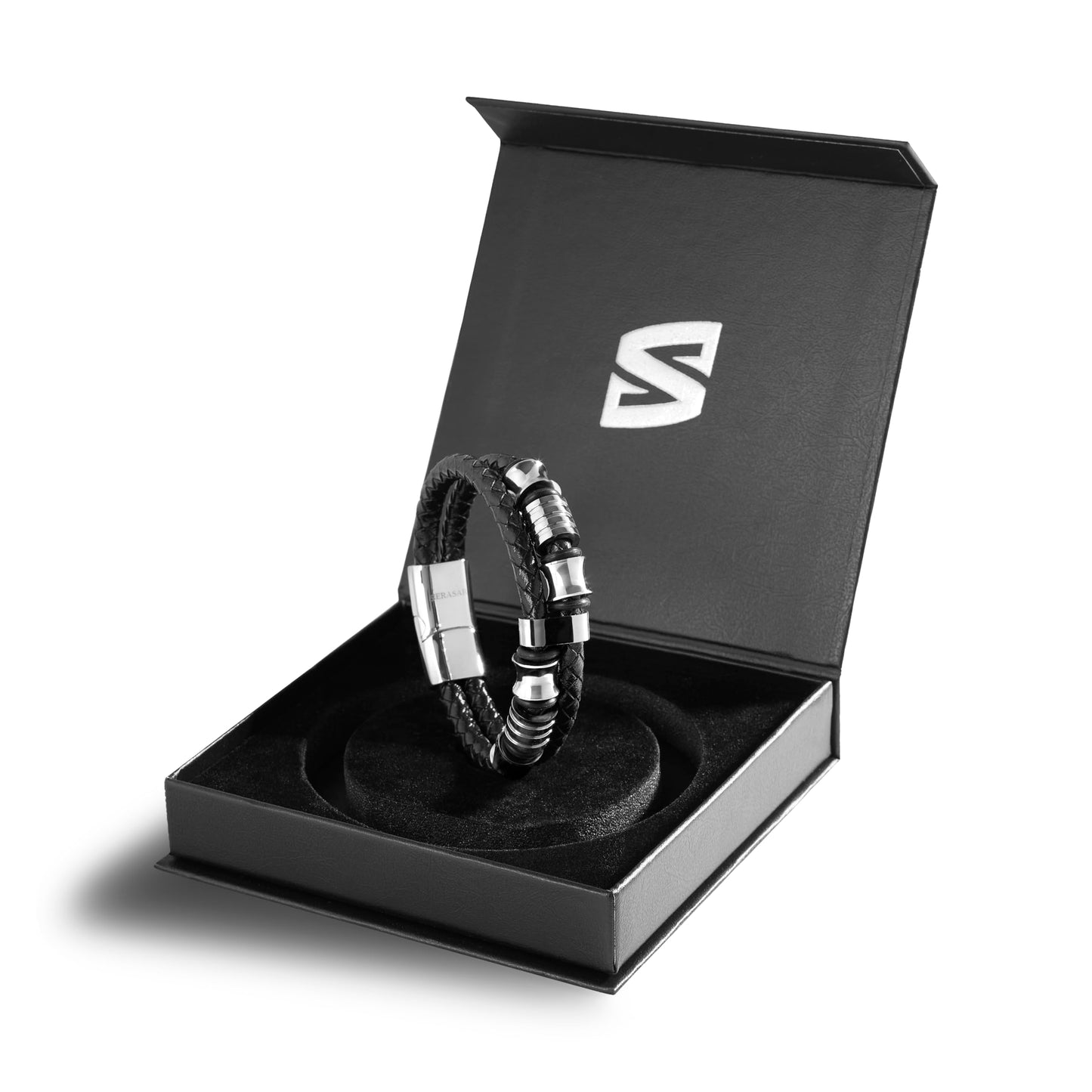 SERASAR Mens Silver Bracelets 17cm Bracelet Men Gift Box Genuine Leather Cowhide Braided Magnetic Clasp Multi Layer Wrap Rope Man Mans Male Band Jewelry Magnet Accessories