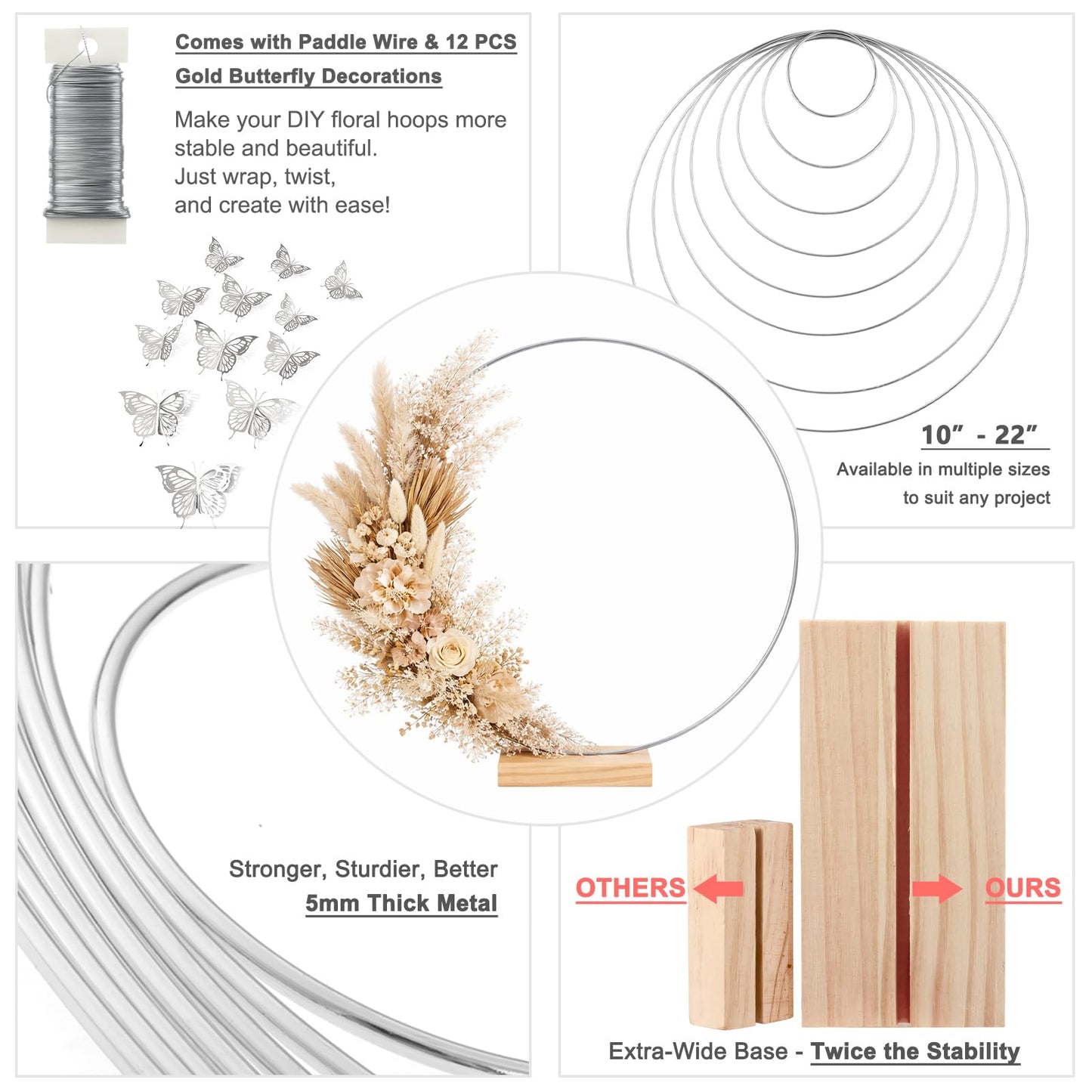 6 Pack Floral Hoop with Stand and 38-Yard Paddle Wire 24 Inch Metal Rings for DIY Centerpiece Table Decorations Crafts Macrame Rings Hoop Wreath Dream Catcher Rings Wedding Christmas Wreaths, Silver