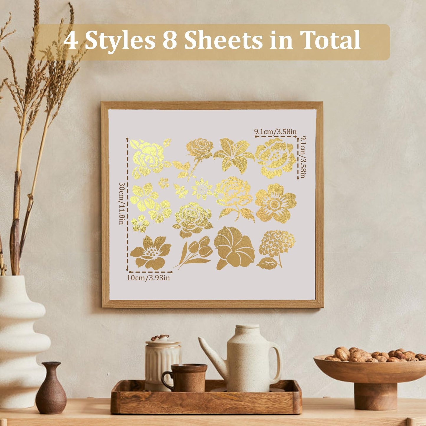 WANDIC 8 Sheets Gold Stamping Transfer Sticker Decal Furniture Flower Theme Rub on Transfers Stickers Decorative for Bookcase Postcard Scrapbooking,10 * 30cm