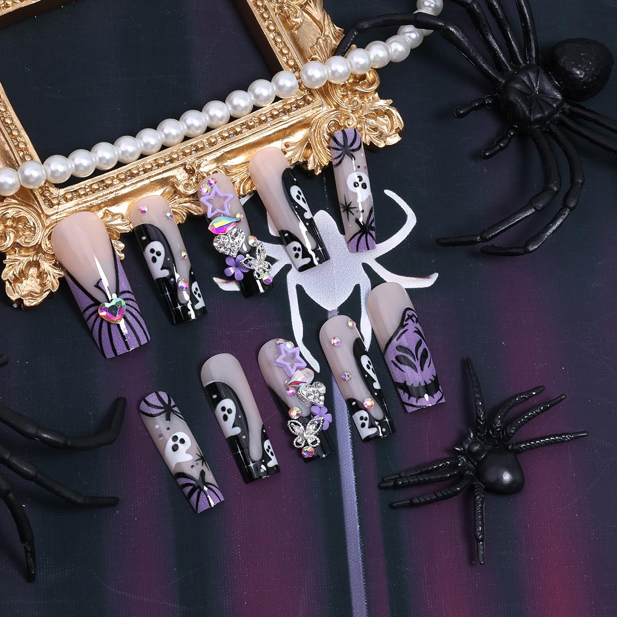 24Pcs Halloween Press on Nails Long Square French Tip Fake Nails with Purple Gothic Ghost Pumpkin Design Cute Flower Butterfly Star Gems False Nails Full Cover Artificial Glue on Nails for Women DIY