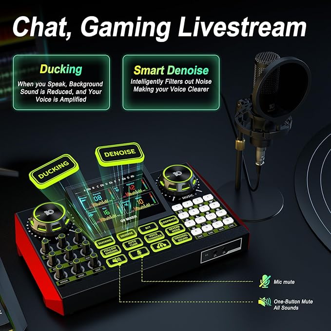 Podcast Microphone Bundle with Live Sound Card Audio Mixer, Podcast Equipment Bundle Sound Board with 3.5mm Condenser Microphone(P15) for Pc/Phone Live Streaming Singing Gaming,Voice Changer, Denoise