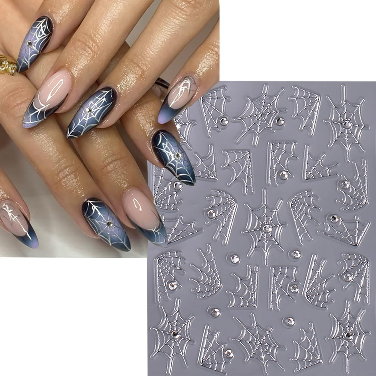 4 Sheets 5D Embossed Halloween Nail Stickers for Nail Art Self-Adhesive Ghost Spider Web Spider Nail Decals Laser Gold Silver Rhinestones Nail Designs Stickers Holiday Nails Supplies for Women DIY