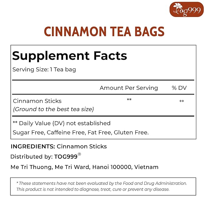 TOG999, Premium 40 Tea Bags - Special Cinnamon Tea, 100% Natural & Pure, Herbal Tea. Cinnamon Stick Herbal Spice