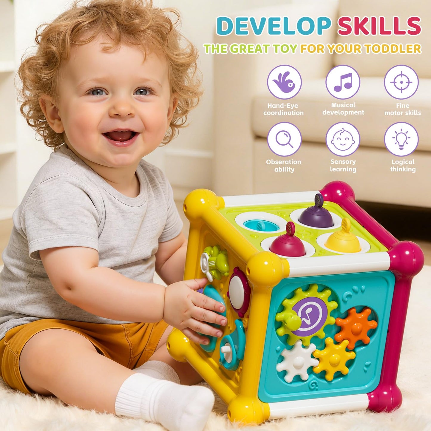 PANITU Baby Activity Cube, 6-in-1 Educational Early Development Toy with 4 Sensory Shape Blocks, Music Busy Board, Montessori Toys for 1 2 Year Old, Birthday Gift for 1 Year Old