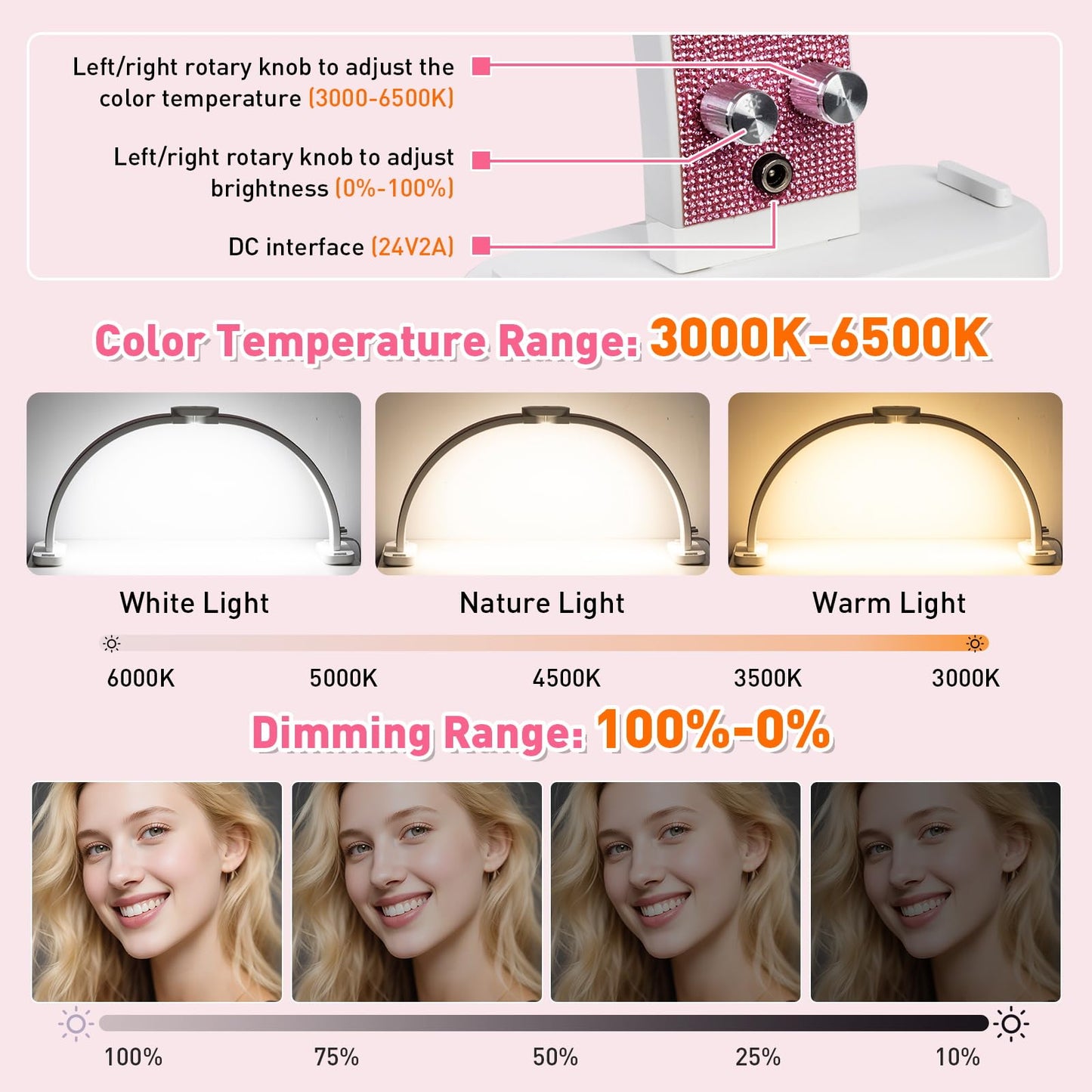HITTI Super Large 31in Half Moon Light for Nail Desk, Foldable Arch Light for Nail Tech Lamp with Phone Stand, LED Table Lamp for Manicure, Handicraft, Art, Eyelash Extension (Crystal Diamond) -White