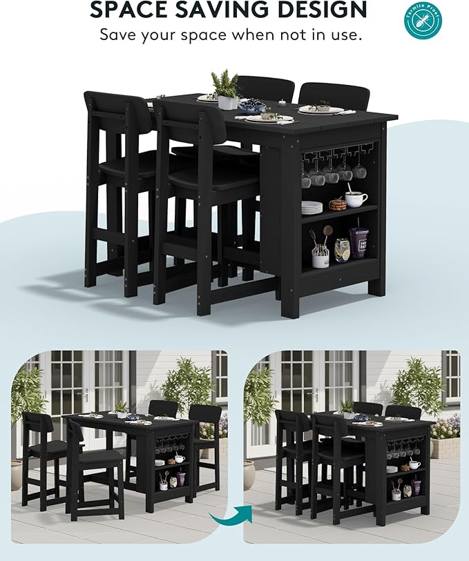 SERWALL Outdoor Bar Table, All Weather HDPE 36" Counter Height Dining Table with Storage and Wine Rack for Patio, Garden, Backyard, Balcony, Poolside, Black