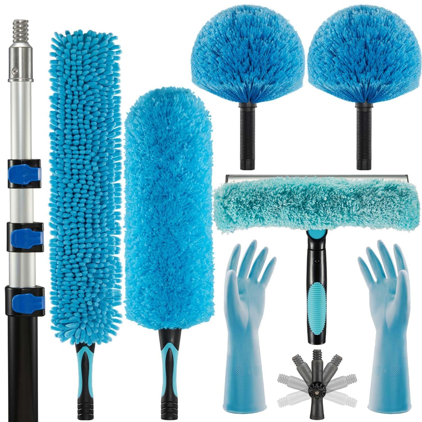 CXU 25 Foot Fan Cleaner High Ceiling 2 Cobweb Dusters with Heavy Duty Extension Pole, Window Squeegee Kit, Household Cleaning Gloves(18ft)