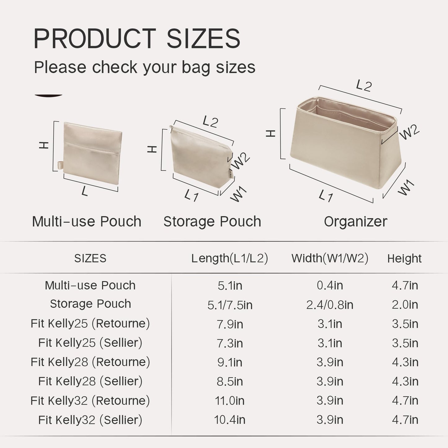 JLYZ Moon Fits for Kelly 25 Bag Insert,Premium Silk Purse Organizer Insert, Smooth Touch & Lightweight，Luxury Handbag Organizer with Gift Box Fits For Hermes(Kelly 25 Retourne,Champagne/Etoupe Grey)