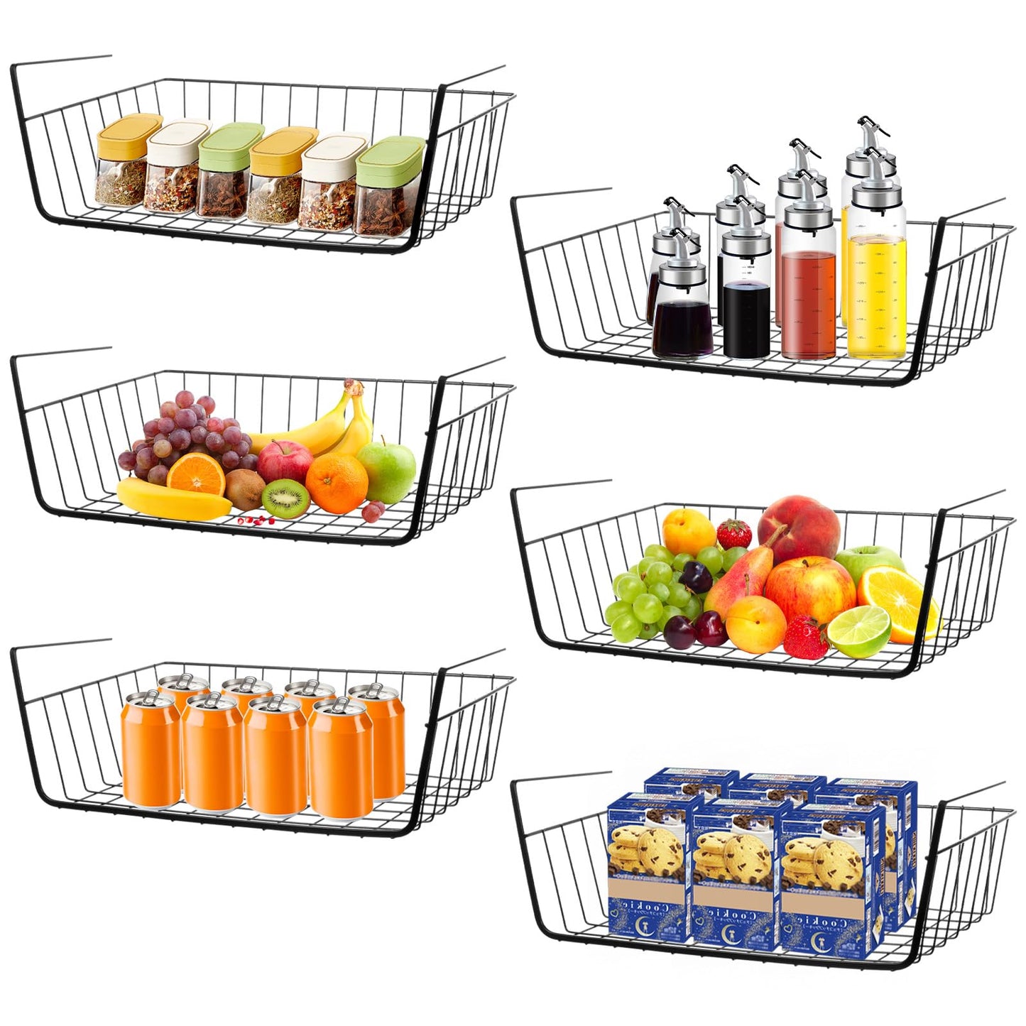 6 Pcs Undershelf Storage Basket Under Shelf Wire Basket Household Metal Under Shelf Hanging Storage Bin Basket Slides Under Shelves for Kitchen Pantry Bookshelf - 14.2" D x 9.1" W x 5.5" H, Black