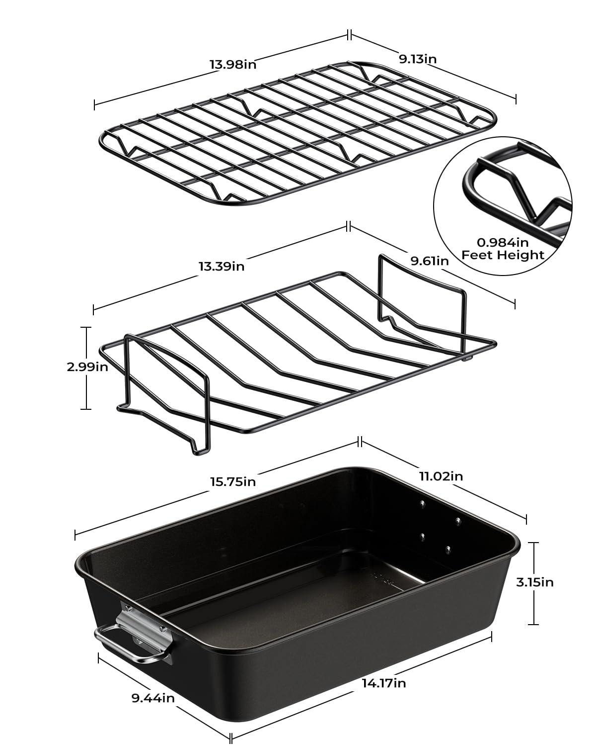 Armorbear Turkey Roasting Pan with Rack Non stick Carbon Steel Roaster 16x11 Inch, Dishwasher Safe, Deep Baking Broiler Pan for Oven Chicken, Bacon, Black