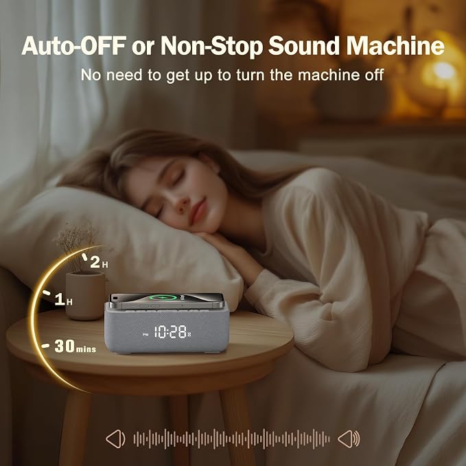 REACHER 15W Wireless Charging Alarm Clock with White Noise Machine