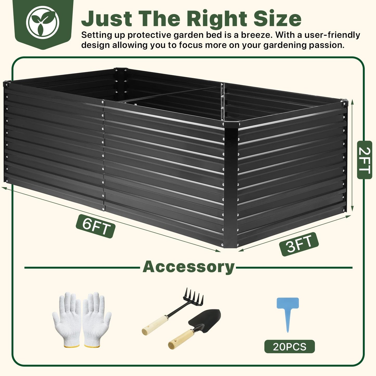 DTIG Galvanized Raised Garden Bed for Vegetables Flowers Herbs, Tall Metal Raised Garden Bed Kit with Garden Tools, Gloves, Plant Labels, Black 6×3×2FT