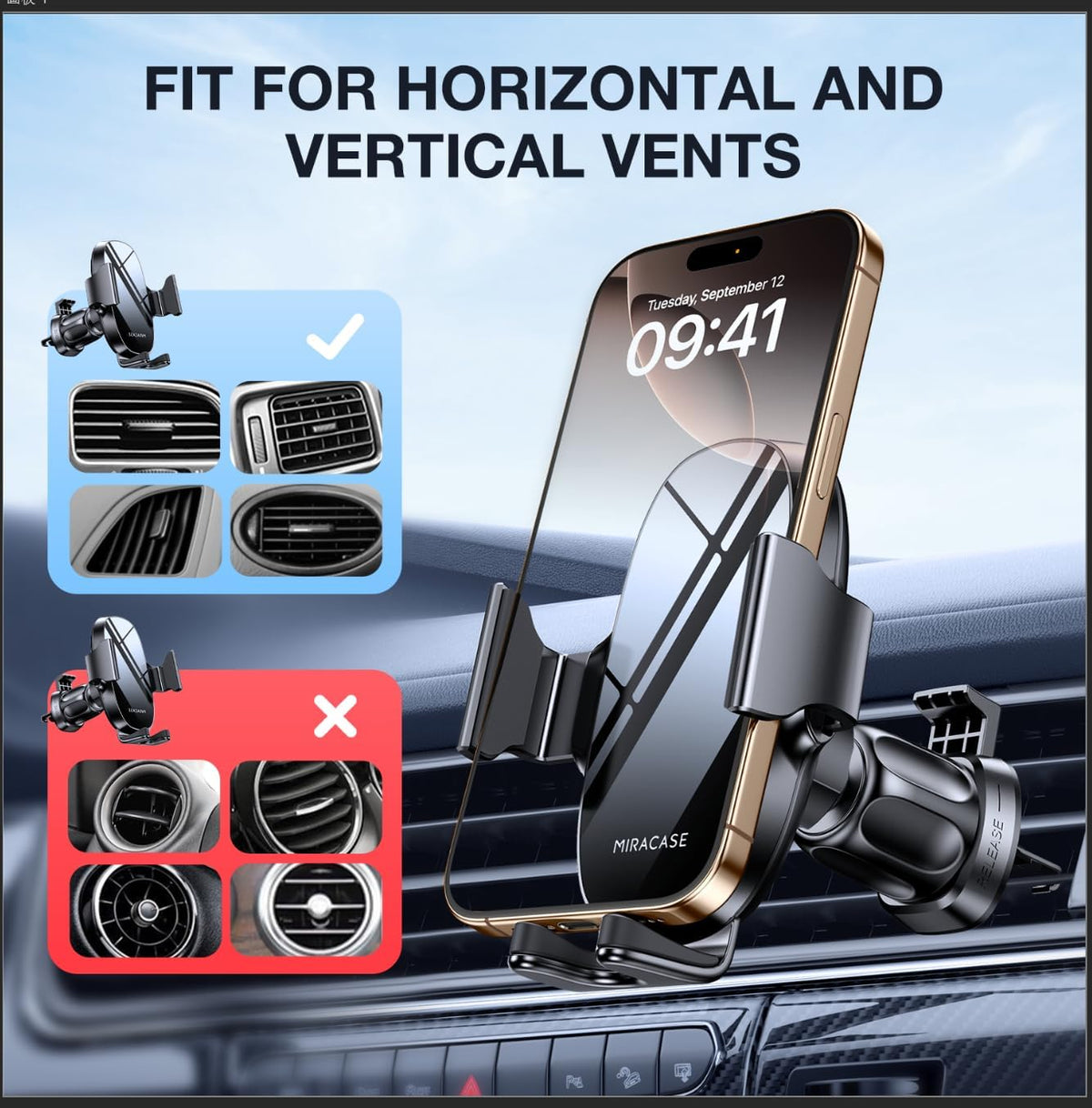 Miracase Upgraded-2nd Generation Universal Phone Holders for Your Car, Hands Free Air Vent Car Phone Holder Mount Compatible with iPhone 16/15/14/13/12/11 Series and All Phones