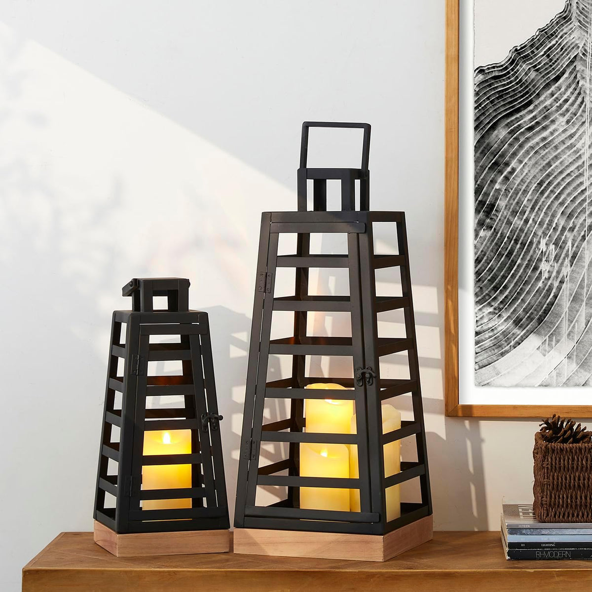 Glitzhome Set of 2 Modern Trapezoid Metal/Wood Decorative Lanterns,Large Candle Lanterns for Living Room,Home,Indoor, Outdoor,Table,Fireplace Mantle Decor -Black(No Glass)