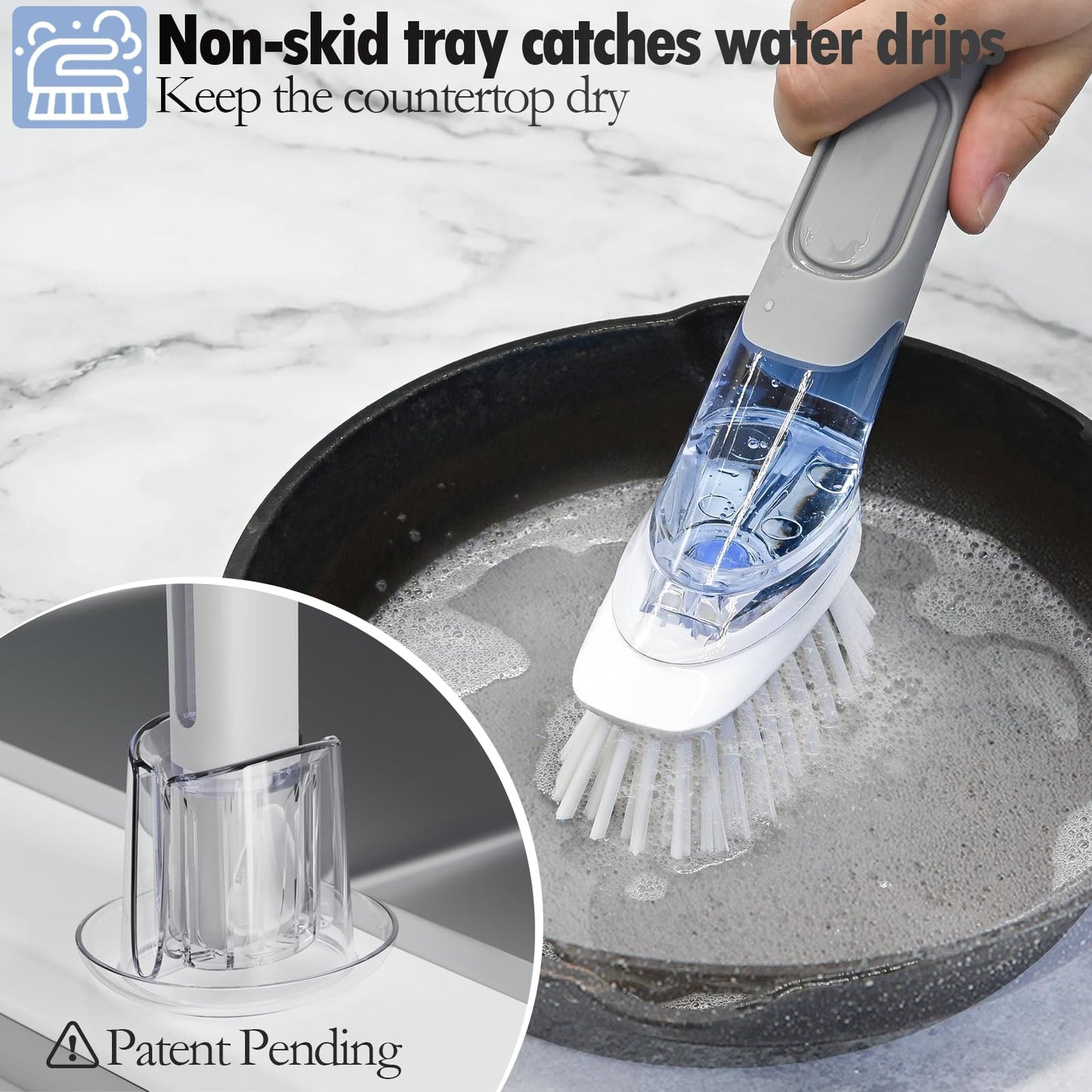 Soap Dispensing Replacement Dish Brush Storage Set with 2 PCS Brush Refills & Holder - RIMAY Dispenser Scrub Cleaning Scrubber Kitchen Dishwashing Dish Wand Handle for Dishes/Pans/Pots/Sink(Grey)