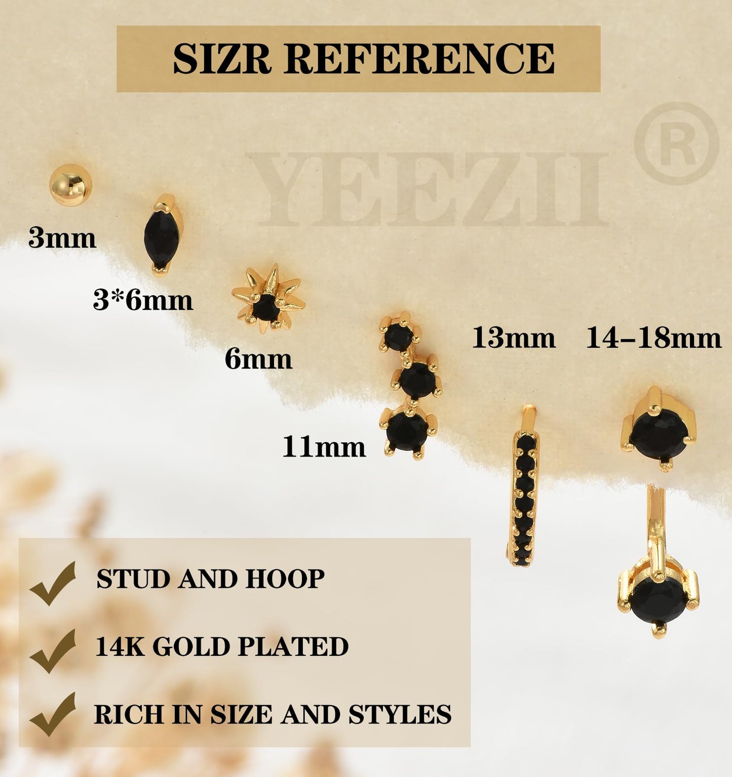 Gold Stud Earrings for Women, 6 Pairs 14K Hypoallergenic Cartilage Earrings for Multiple Piercing, Dainty Small Stackable Hoop Ball Earrings Set (Black-CZ-6 Pairs)