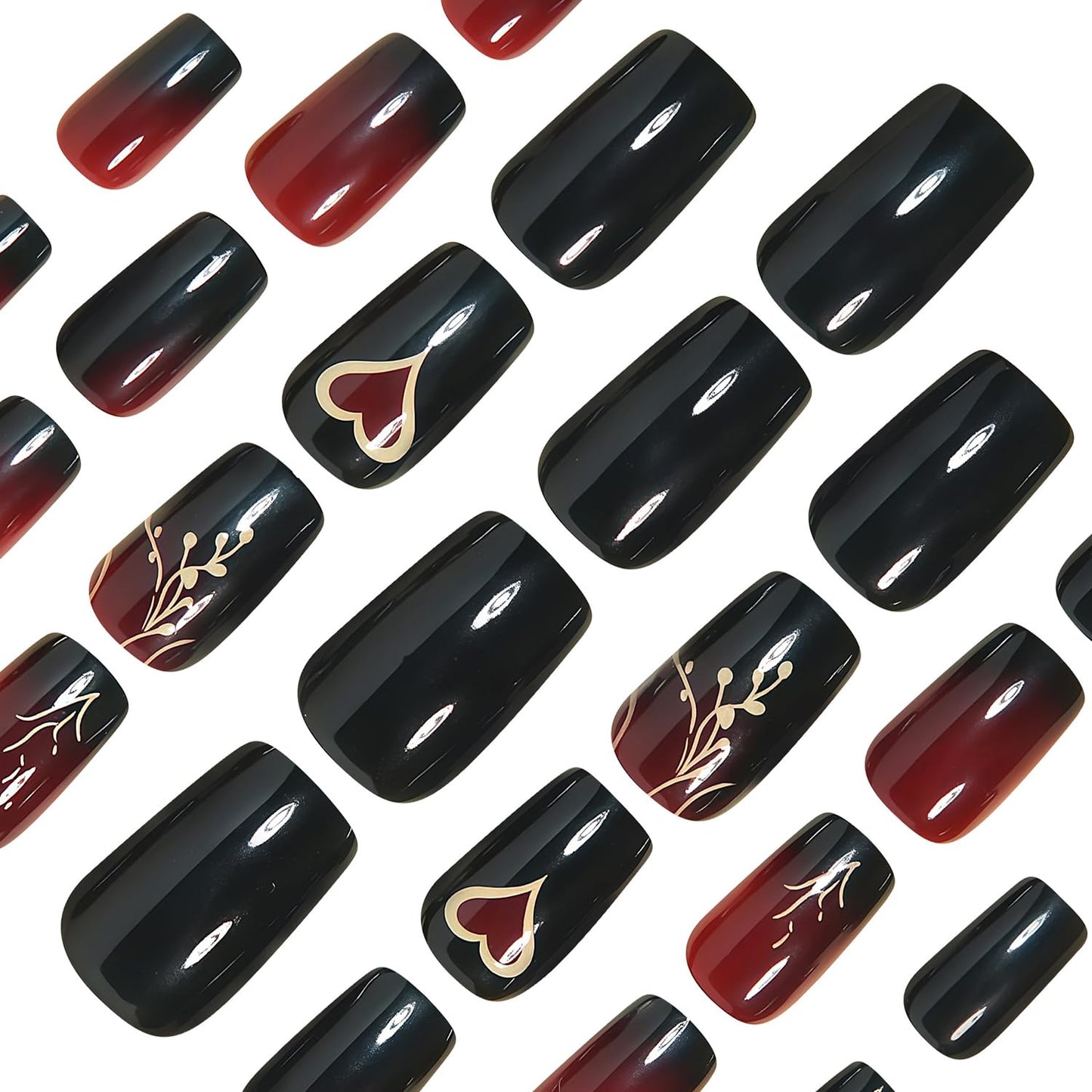 CEWEWP Short Square Press on Nails Wine Red Gradient Fake Nails Black False Nail with Gold Leaf and Heart Design Full Cover Acrylic Glossy Stick on Nails Valentine’s Day Glue on Nail for Women 24PCS